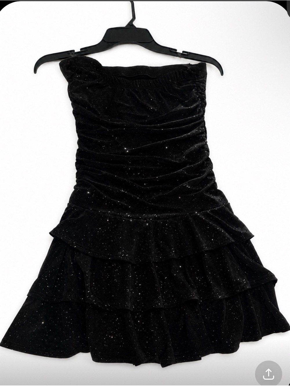 Strapless Black Velvet Sparkle Ruffle Mini Dress